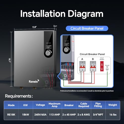 Image of Ranein 18kW Electric Tankless Water Heater, 240V On Demand Instant Endless Water Heater with LED Temperature Display, Control Knob, Space Saving Design, Up to 4.3 GPM for Whole House Water