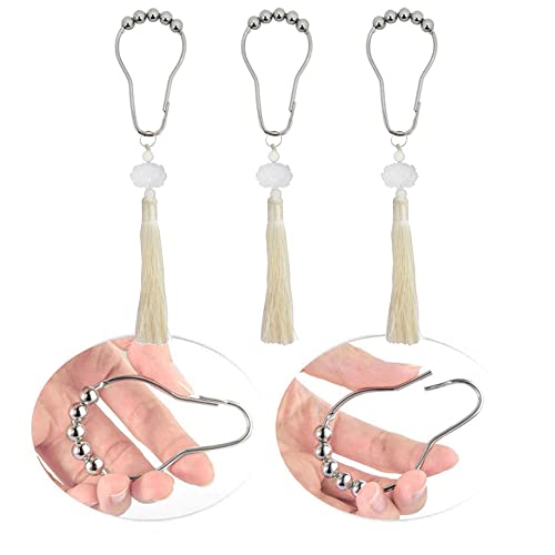 Brandname Tassel Shower Curtain Hooks For Bathroom Decorative Rod Curtain, Set Of 12 Stainless Steel Rust Proof Rings With Lotus Tassels Modern Farmhouse Boho Themed Decor(Off-White) #TOP2
