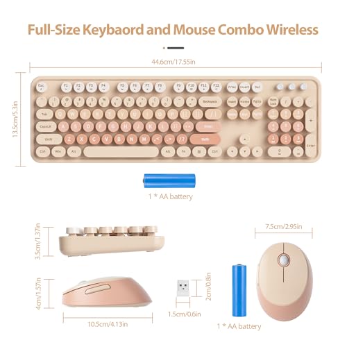 Image of Fogruaden Retro Typewriter Keyboard and Mouse Wireless, 2.4GHz Office Full-Sized Colorful Computer Keyboard with Number Pad and Cute Mouse for Windows PC Desktops Laptop