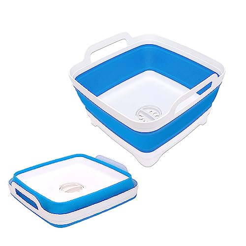 Image of 2.4 Gal(9L) Collapsible Dish Basin with Drain Plug, Space Saving Outdoor Multiuse Foldable Sink Tub, Dishpan, Kitchen Storage Tray for Camping, Vegetable Washing, RV (Sky Blue)