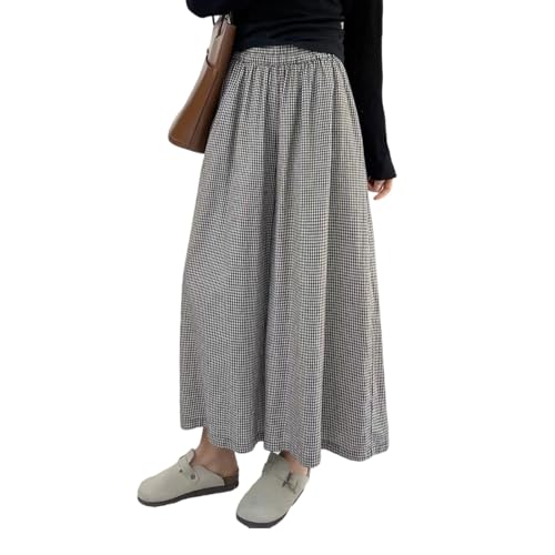 Japanese plaid skirt pantswomen's artistic retro plaid cotton linen skirt pantsloose oversized casual pants