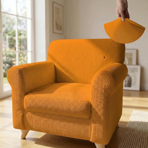 Housse de canapé bi-élastique 1 Place Extensible 70-110 cm – Housse de Fauteuil élastique avec accoudoirs texturés, Lavable – Orange