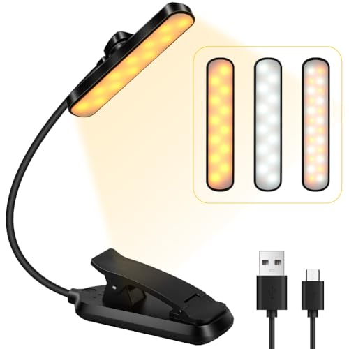 HOTUT LED Book Light, 24 LED Reading Light, 3 Eye-Protecting Lightng Colours Reading Light, Adjustable Brightness, Rechargeable Clip on Book Light, 360° Flexible Lamp for Bed, Tablet, Study, Travel