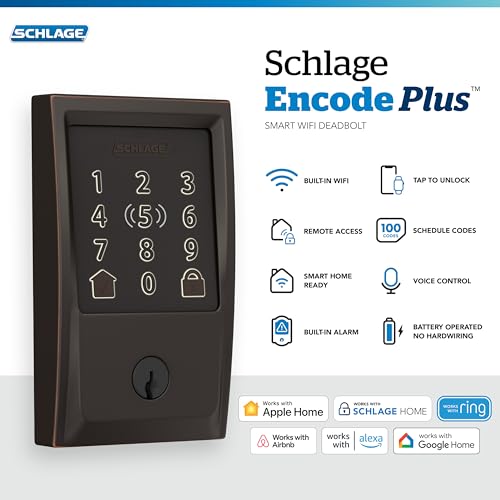 Image of Schlage Encode Plus Smart Wi-Fi Lock for Front Door, Keyless Entry Deadbolt, Unlock with Apple Watch, Built-in WiFi and App Control, Easy Install, Alexa & Apple HomeKit Compatible, Aged Bronze