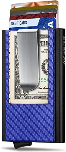 MOSIYEEF Minimalist Wallet for Men, RFID Blocking Card Wallet for Men, Card Holder with Money Clip with Leather Wrapped, Slim Front Pocket Automatic Pop Up Wallet Gifts for Men, Habor Blue