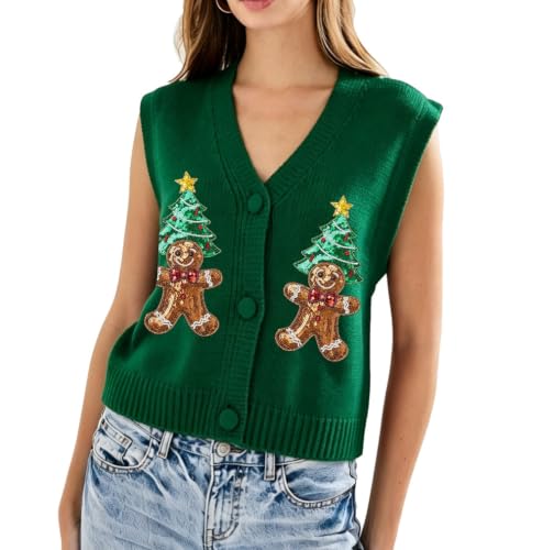 Image of Women Christmas Knit Vest Top Santa Embroidery Sleeveless Button Down Sweater Vest Xmas Snowman Cardigans Tank Top