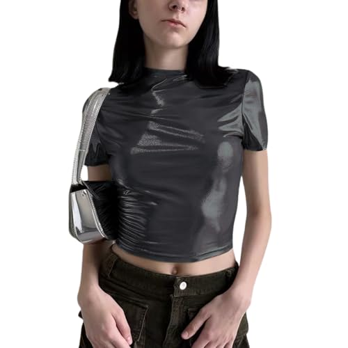 Image of Women's Shiny Metallic Short Sleeve T Shirt Sexy Mock Neck Slim Crop Top Party Disco Club Tees