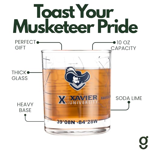 Image of Greenline Goods Xavier University Musketeers Whiskey Glasses Set of 2, 10 oz Rocks Glasses with Full-Color Logo & Campus Map - Officially Licensed Bourbon Glass Gift for Alumni & Fans