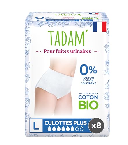 TADAM' - 8 Culottes Femme Incontinence Jour ou Post Partum, Absorption XXL, Taille L, Blanc, Discrètes, Confortables & Hypoallergéniques avec technologie anti-odeur.