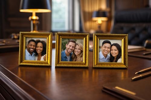 Image of Photo Frame Set of 3 - Modern Tabletop Picture Frames for Desk, Living Room & Bedroom Decor, Perfect for Wedding, Couple & Family Photos (3 x 3 inches) (Golden)