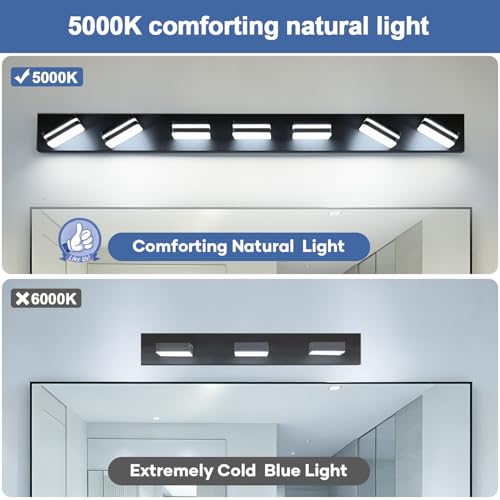Image of Torondo 360 Rotate LED Bathroom Vanity Light Fixtures, Acrylic Vanity Lights for Bathroom, Modern Wall Lighting Fixtures Over Mirror Living, Matte Black, Natural White, 7-Light, 46-Inch