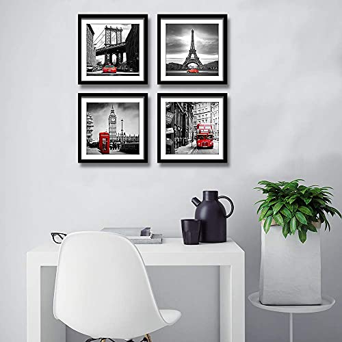 Englant 4 Pieces Framed Canvas Wall Art, Black White And Red Wall Decor Landscape Poster With Eiffel Tower, Brooklyn Bridge, London Big Ben Picture For Bedroom And Bathroom #TOP3