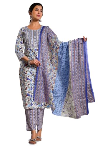 Image of MIRCHI FASHION Pure Cotton Women Straight Jaipuri Floral Print Kurti Set with Dupatta and Pant
