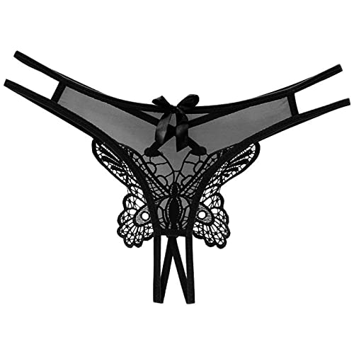 YOLAI Women Low Waist G-Strings Thong Traceless Sexy V-Strings Panties Embroidered Butterfly Open End Underwear Fashion (Black, One Size)
