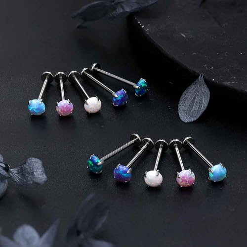 روي فان مجوهرات ثقب الخد من التيتانيوم F136 من ASTM F136 بدون خيوط، خواتم لسان خلفي مسطح من الاوبال الابيض من التيتانيوم الصلب مجوهرات ثقب الجسم للنساء والرجال 16 غرام 16 ملم