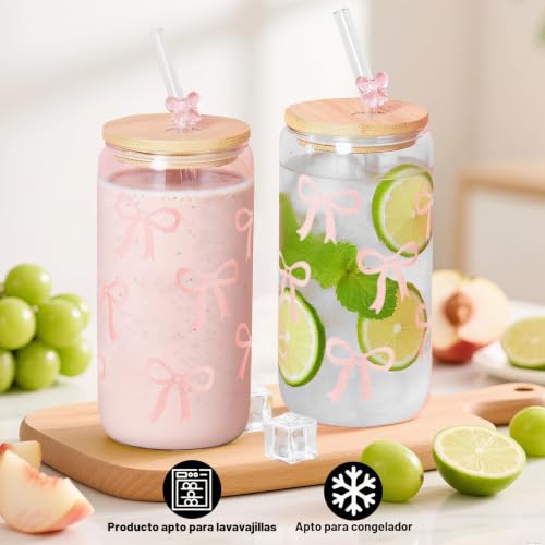 Miniatura 5 de Mssushi 2 Piezas Tazas De Café De Cristal, 500ml Vasos De Vidrio Con Tapa Y Pajita, Diseño De Lazo De Mariposa, Taza De Café Helado Reutilizable, Para Cócteles, Whisky, Café, Zumos Rosa Lazo