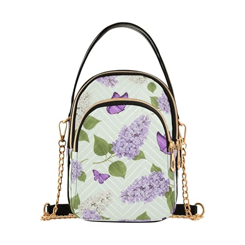 Lilac White Flowers Butterflies Single Shoulder Purse Women Print Phone Purse Chain Strap Handbag Quilted Designer Clutch Ladies Zipper Tote
