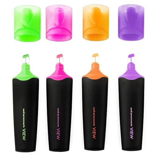 uni-ball - USP-200 Promark View Highlighter Pens - 5mm Chisel Tip - Green, Pink, Orange, Violet - Pack of 4