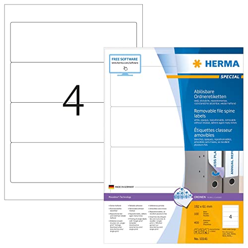 Herma Etichette Per Raccoglitori, 192 X 61 Mm, Etichette Adesive A4 Per Stampante, 4 Etichette Per Foglio, Bianco