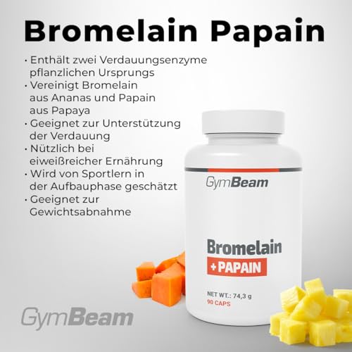 GymBeam Bromelain Papain (Kapseln) – Proteolytische Aktivität, pflanzliche Verdauungsenzyme, Bromelain 1800 GDU, Papain 120 TU, Ergänzung für einen gesunden Lebensstil, 90 Kapseln