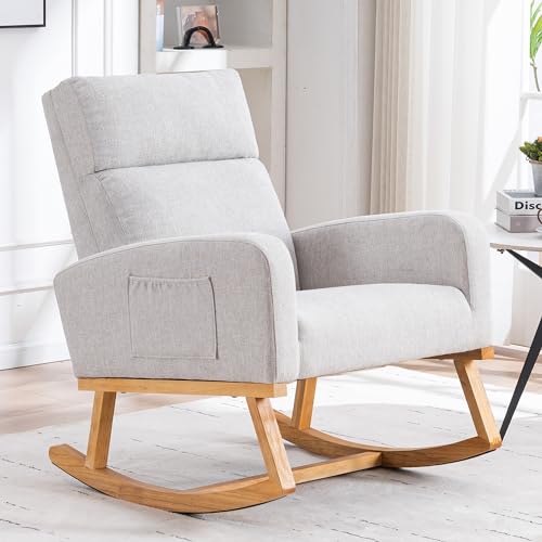 HCHAIRH Rocking Chair Nursery, Glider Rocking Chairs for Nursing, Upholstered Nursery Rocker with Side Pocket and High Back for Living Room Bedroom, Light Gray by HCHAIRH - Used condition - CA$249.70