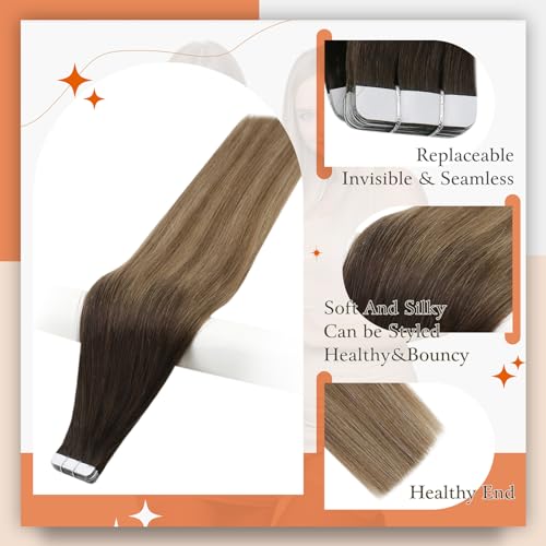 Image of Full Shine Ombre Hair Extensions Tape in Balayage Glue in Extensions Color 2 /6 /18 Brown And Blonde Tape ins Human Hair Extensions Straight Seamless Hair Extension Remy Human Hair 22Inch 50G 20pcs