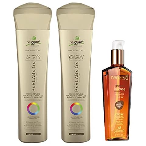 Naissant Set No Yellow Shampoo, Treatment Mask and Argan Oil. Color Care,Hair Intensifier and Damage Repair. Without Salt and Parabens for Blonde Hair (Perla Beige) Cover