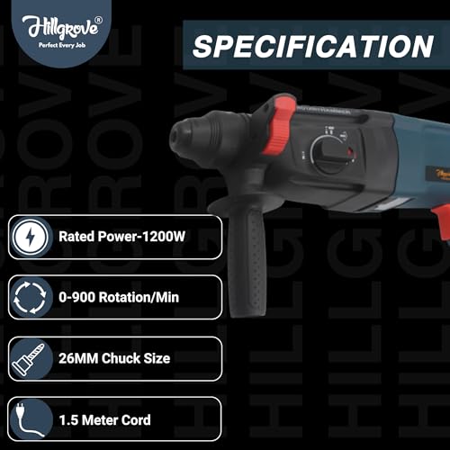 Image of Hillgrove HGCM1362M1 1200W 100% Copper Winding 26mm Rotary Hammer Impact Gun Chipping Hammering Drilling Breaker Drill Machine Kit Set