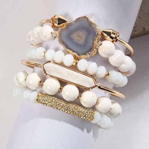 Yomisa 5PCS 6PCS Natural Boho Beaded Bracelets/Bangle for Women Men,Healing Turquoise Jasper Agate Crystal Gemstone Stone Chakra Multilayer Wrap Bohemian Handmade Jewelry Beads Stretch Bracelet Set2