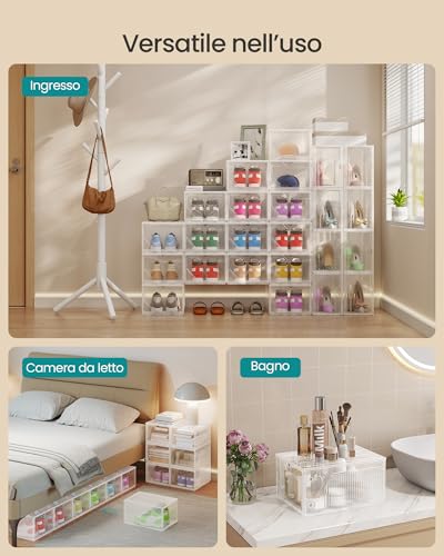 Songmics Set Di 6 Scatole Per Scarpe, Organizzatore Porta Scarpe In Plastica, Impilabile, Sportello Con Chiusura Magnetica, Trasparente, Per Scarpe Fino Alla Taglia 46, Bianco Nuvola LSP806WH01 - 6