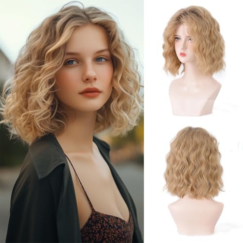 Aestrope Human Hair Wigs Short Wavy Bob Side Part Bangs