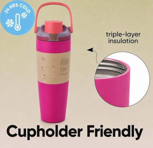 Image of HomeCloud 900ML Stainless Steel Water Bottle - Double-Wall Vacuum Insulated, Leakproof Straw Lid, BPA-Free Reusable Travel Flask with Two-Way Spout for Gym, Office & Outdoor Use (Fushia Move)