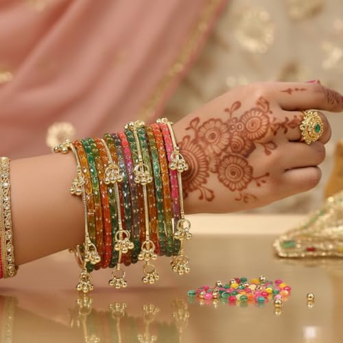 Image of Kashmiri Ghangharoo Glass Bangle Set for Women| Light Weight Bangles | Traditional Transparent Fancy Glass Chudi Set for Wedding, Party|Set Of 16(12 Glass + 4 ghungroo bangles)