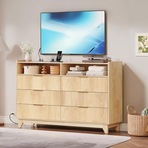 RALGEND Fluted 6 Drawer Dresser for Bedroom, Modern Wooden Chest of Drawers with Charging Station, Dresser TV Stand, Double Wooden Drawer Organizer for Bedroom, Living Room, Hallway, Natural
