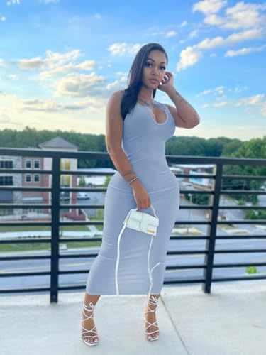 Image of Nimsruc Women Casual Sexy Deep U Neck Tank Top Bodycon Dress Summer Sleeveless Wrap Long Basic Party Club Maxi Dresses