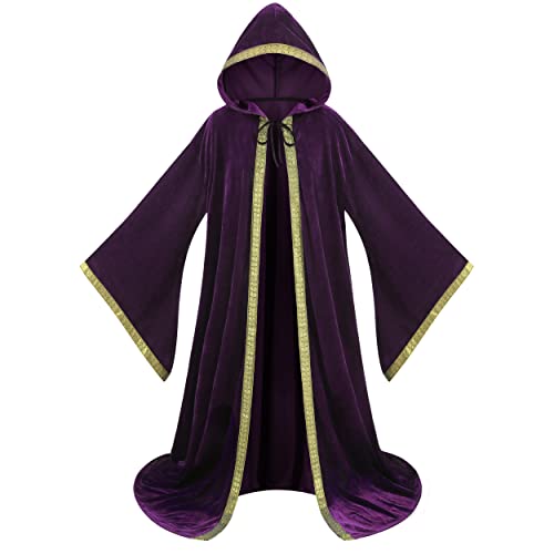 GRAJTCIN Adult Wizard Costume Robe Witch Purple Cloak with Hood and Sleeves Vampire Cosplay Hooded Robe Halloween (Purple 140cm)