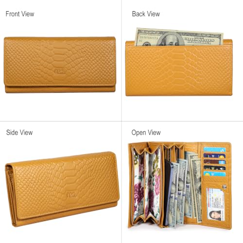 Image of Women's Top Grain Leather Wallet, RFID Blocking Bifold clutch, 17 Card Slots, Zip Pocket Organizer, Elegant Gift for Women - Birthday, Valentine, Anniversary - Croco Mustard
