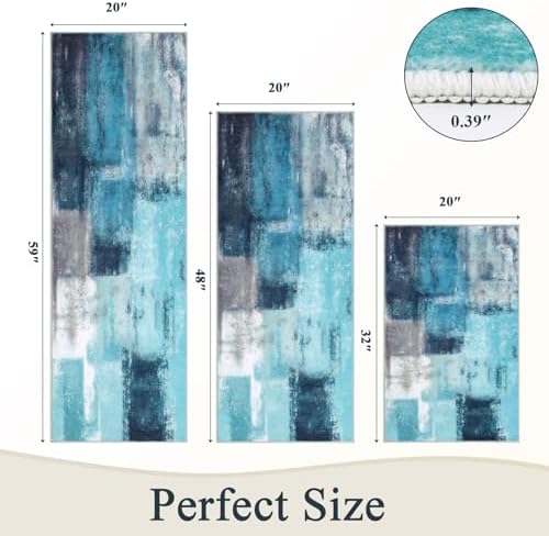 Pauwer Kitchen Mats for Floor 3 Piece Set Boho Non Slip Kitchen Rugs Washable Farmhouse Kitchen Floor Mats Thick Long Kitchen Throw Area Rug Carpet Runner for Hallway Entryway Laundry Bathroom, Teal