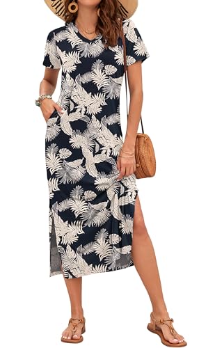 Image of MISFAY Womens Maxi Dress Short Sleeve V Neck Loose with Pockets | Soft stretchy breathable, v neck loose fit, side split hem, two side pockets, casual daily beach vacation travel dress