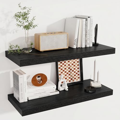 Image of Fun Memories 12 Deep Floating Shelves for Wall | 30W x 12D Large Floating Shelves | 2 Pack Storage Space Wall Mount Shelf for Living Room Bathroom Toilet Laundry Room Kitchen Home Office - Black