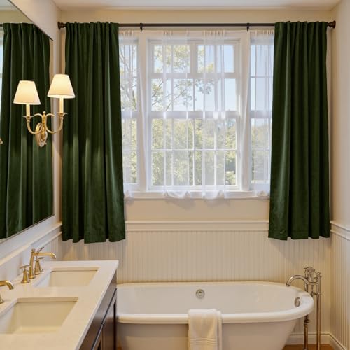 Image of Moss Earthy Curtains Luxury Rod Pocket 52x72 Inch 2 Panels | Soft Velvet, Light Filtering, For Small Windows, Kitchens & Bathrooms, Light Shifting Texture, Elegant Drape, Calm