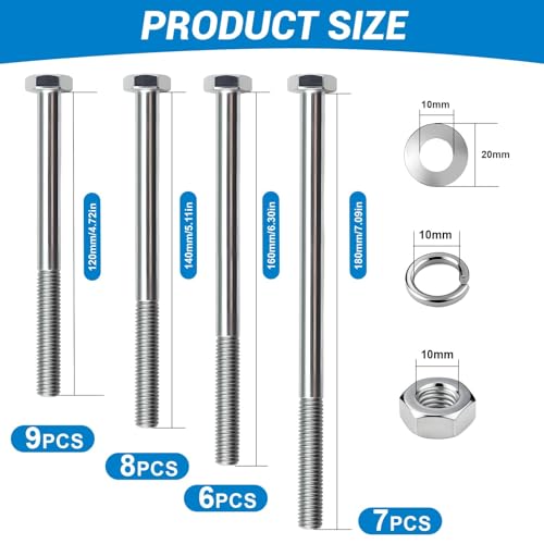 TXXATX 8 Stück Sechskantschrauben M10x140 mm Schrauben mit Muttern Teilgewinde Sechskantschrauben mit Schaft verzinkt Schlossschrauben M10 Maschinenschrauben für Verbinden Befestigen Montieren