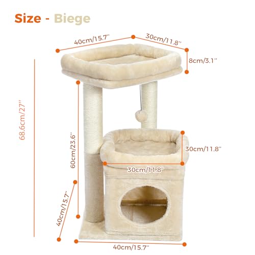 PAWZ Road Kleiner Katzenbaum, mehrstöckiger Katzenturm mit Sisal-überzogenem Kratzbaum, gemütlicher Katzenwohnung und großer Katzensitzstange für Hauskatzen, Beige