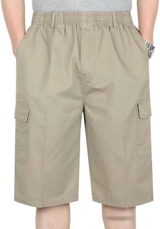 USTZFTBCL Men's Mid-Length Loose High-Waist Elastic Waistband Multi-Pocket Shorts Summer