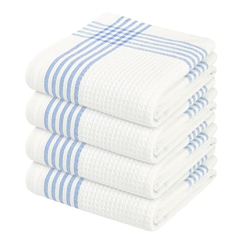 Image of Waffle White & Sky Blue Kitchen Towels 4 Pack, 100% Cotton 16x26 inches, Quick Dry Bar Mop Towel, Super Absorbent Wash Cloths for Cleaning, Drying Dishes, Long Lasting Dishcloth