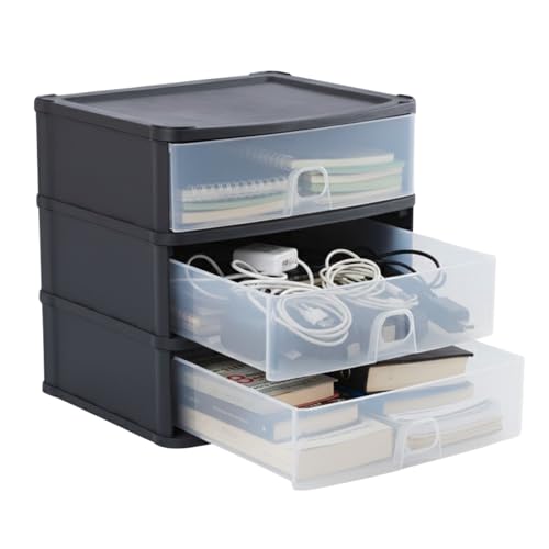 AOC24 Plastic A4 Drawer Unit – Medium 3 Deep Drawers, Slimline Desktop Storage Tower, Space-Saving Tabletop Organiser, Strong Plastic Storage for Office, Home & Study – Black/Clear