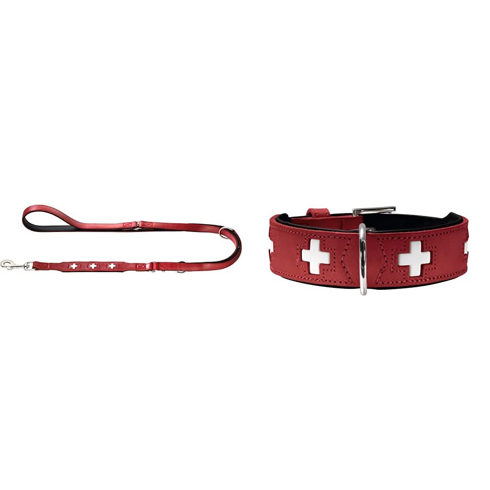 HUNTER Swiss Verstellbare Führleine für Hunde, Leder, hochwertig, Schweizer Kreuz, 1,8/200 cm, rot & Swiss Hundehalsband, Leder, hochwertig, Schweizer Kreuz, 65 (L), rot/schwarz