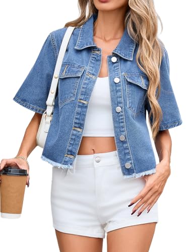 LifeShe Short Sleeve Denim Jacket for Women Summer Frayed Hem Jean Cropped Jacket Casual Crop Cardigan