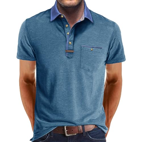 Volemo Mens Polo Shirts Short Sleeve Cotton Polos with Pocket Casual Breathable Tops Regular Fit Blue XXL