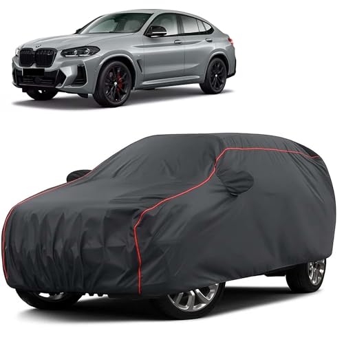 Image of Sulfar 100% Water Resistant Car Body Cover Compatible with Mirror for BMW X4 (Triple Stitched, Full Bottom Elastic, Dark Grey Taffeta with Red Piping)